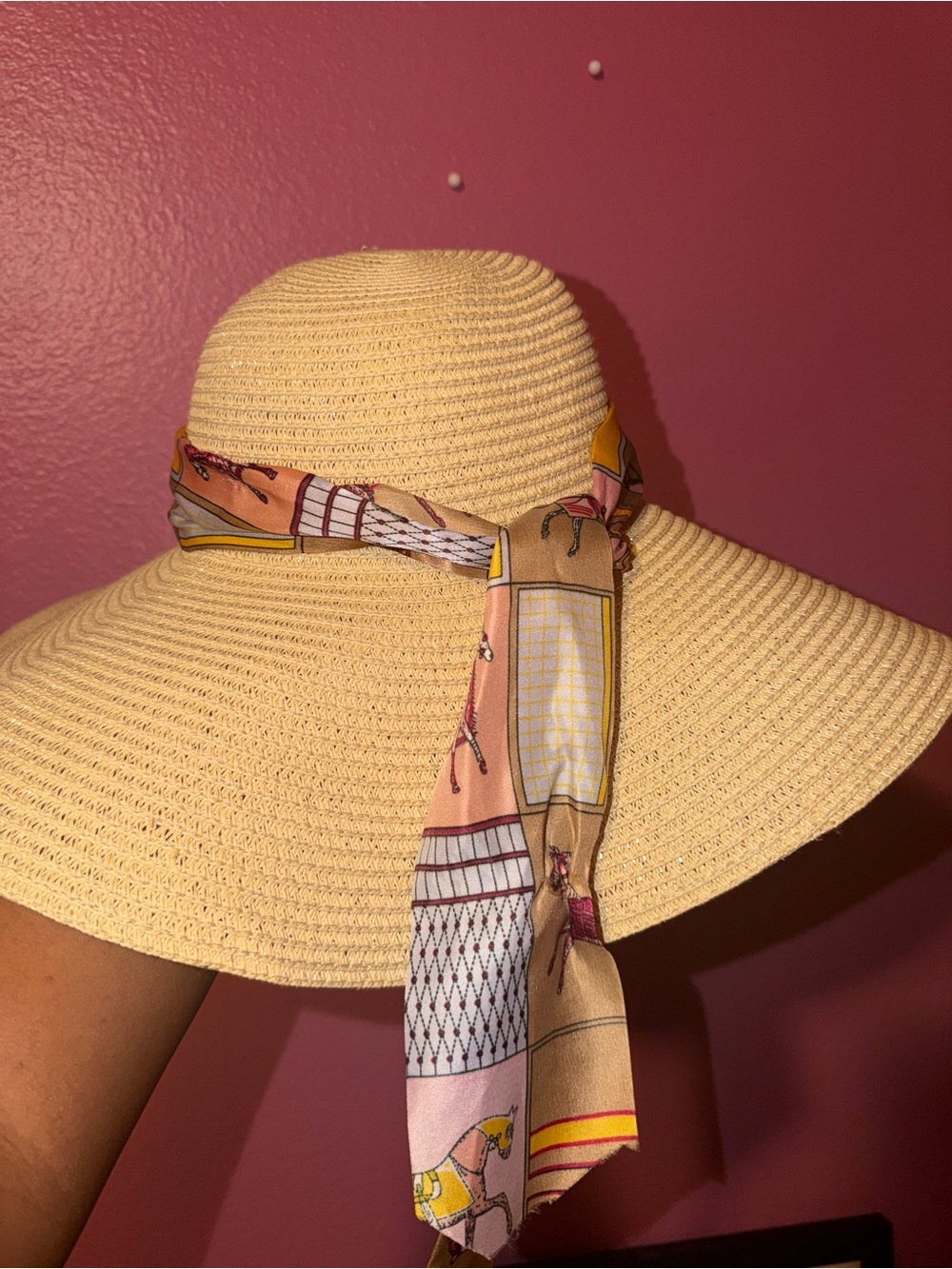 Beige Straw Sun Hat with Decorative Scarf